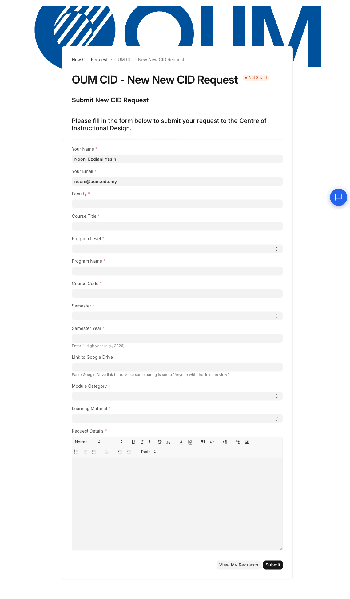 Web form for submitting requests